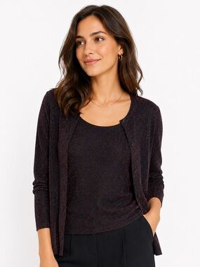 Vanity Fair Shimmer Twin Set Cardigan & Shell Top Women’s Plus Size 3X Black Red
